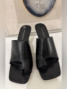French Connection Black Leather Square-Toe Mule Heels Womens Size 9.5